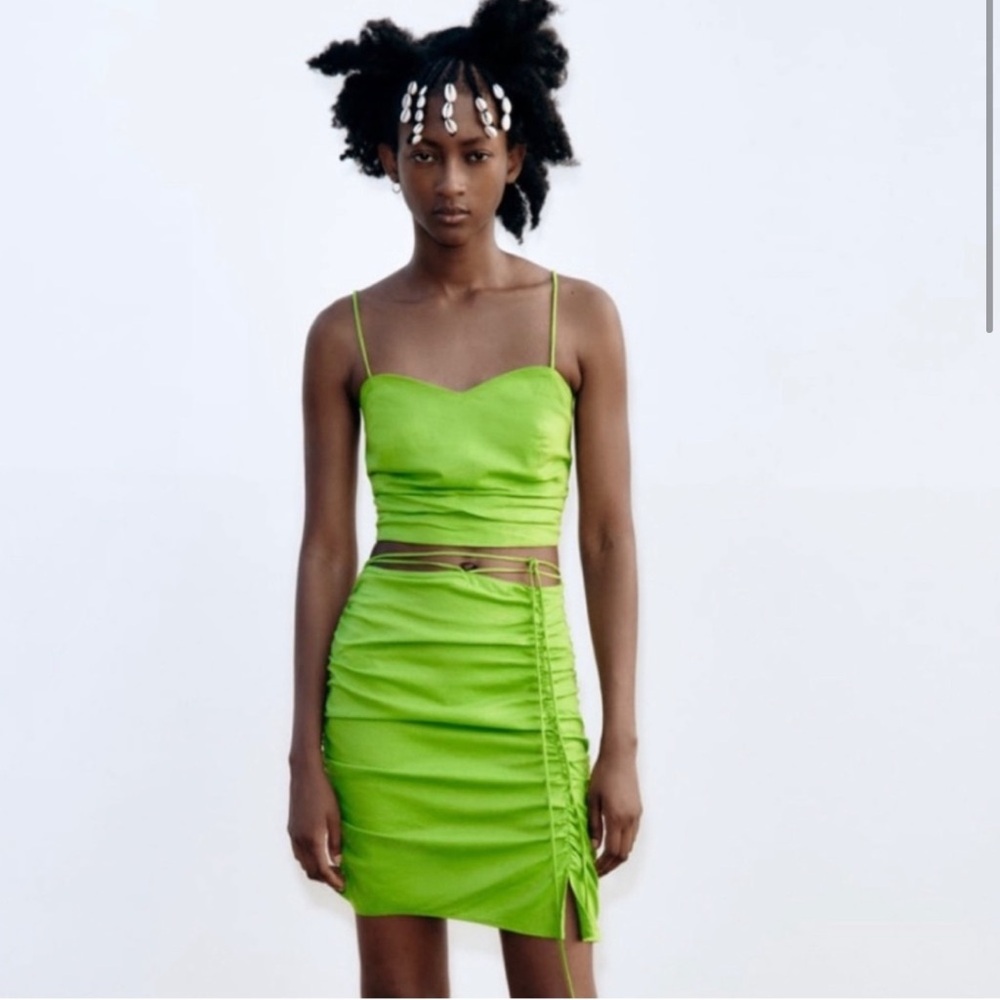 Zara lime green linen blend ruched two piece set
